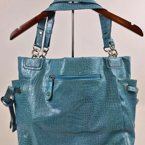 Coach Croc Embossed Leather Tote Teal Blue Shoulder Bag New Style 5659